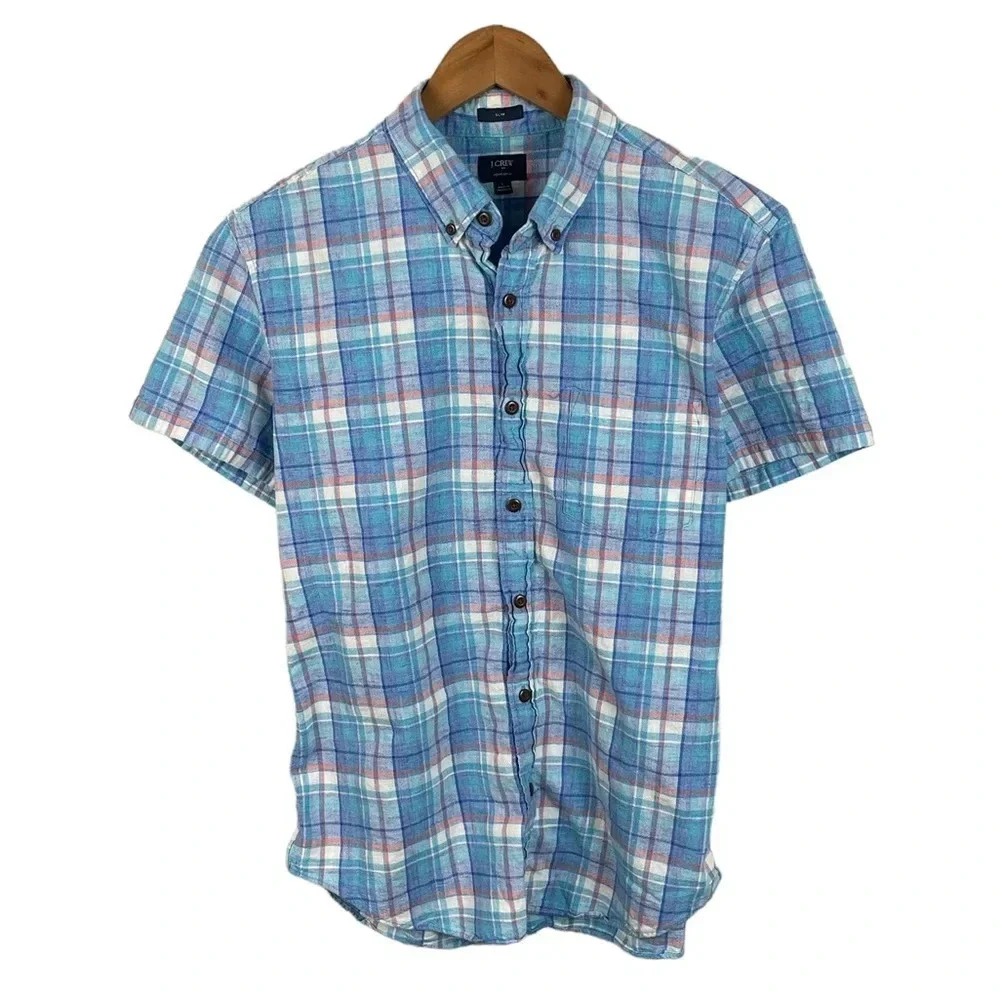 BF42 Mens J. Crew Homespun Slim Fit Plaid Short Sleeve Button Down Shirt L